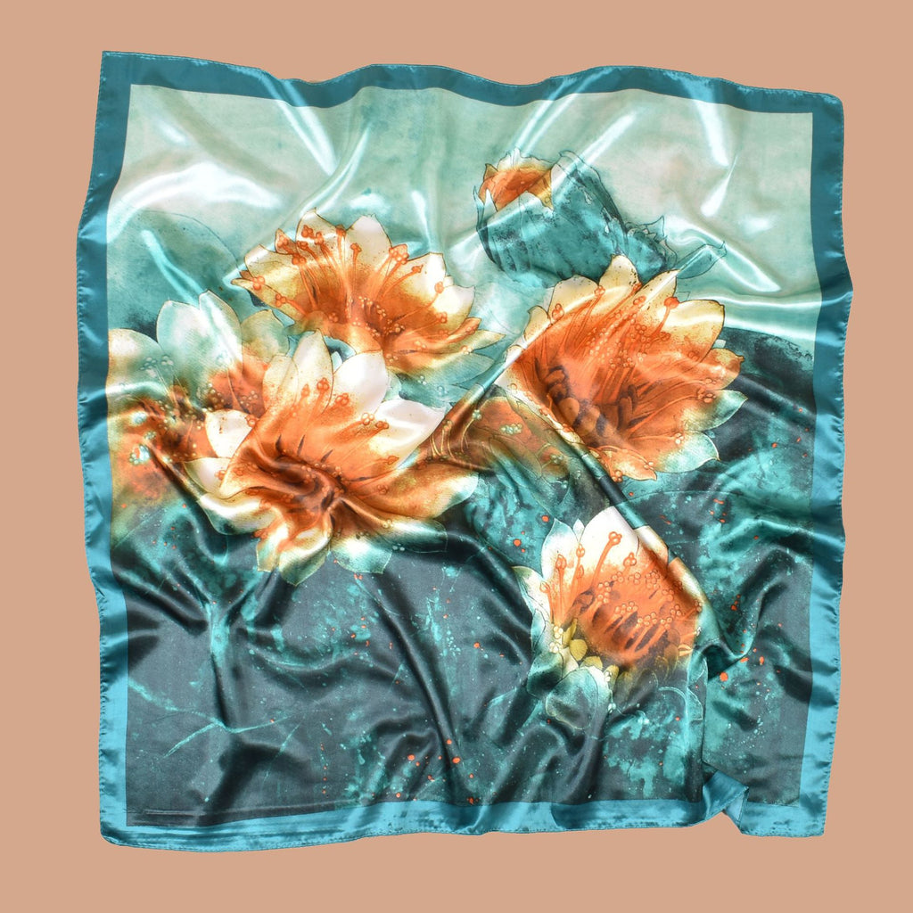 New 90cm satin, flower printed large square scarf with sunscreen, head silk scarf decoration, scarf.