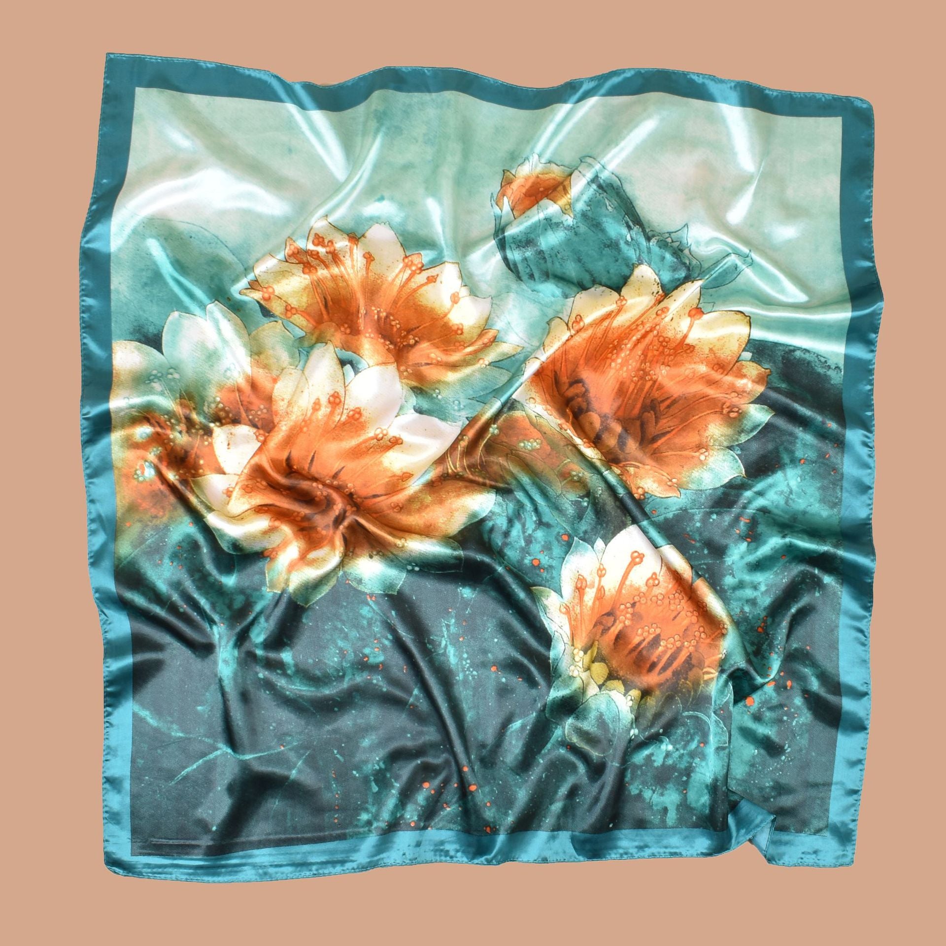 New 90cm satin, flower printed large square scarf with sunscreen, head silk scarf decoration, scarf.
