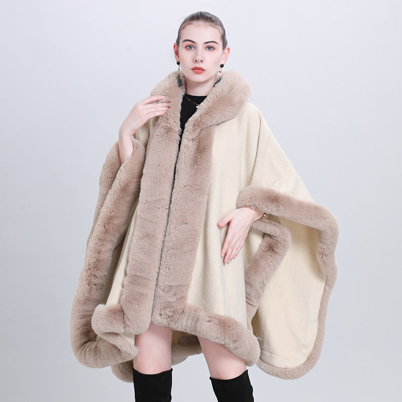European and Korean autumn and winter new cape shawl fleece thickened plaid fur collar hooded knitted shawl scarf shawl 0992