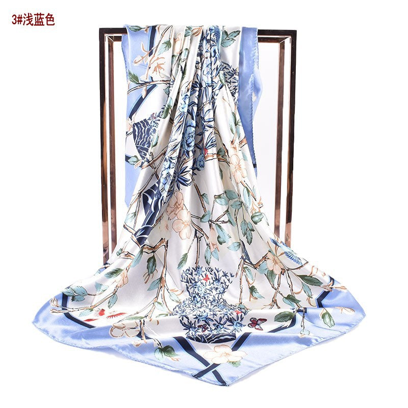 Autumn and winter new simple ethnic style blue and white porcelain vase pattern silk scarf printing 90 color diced high-end large square scarf