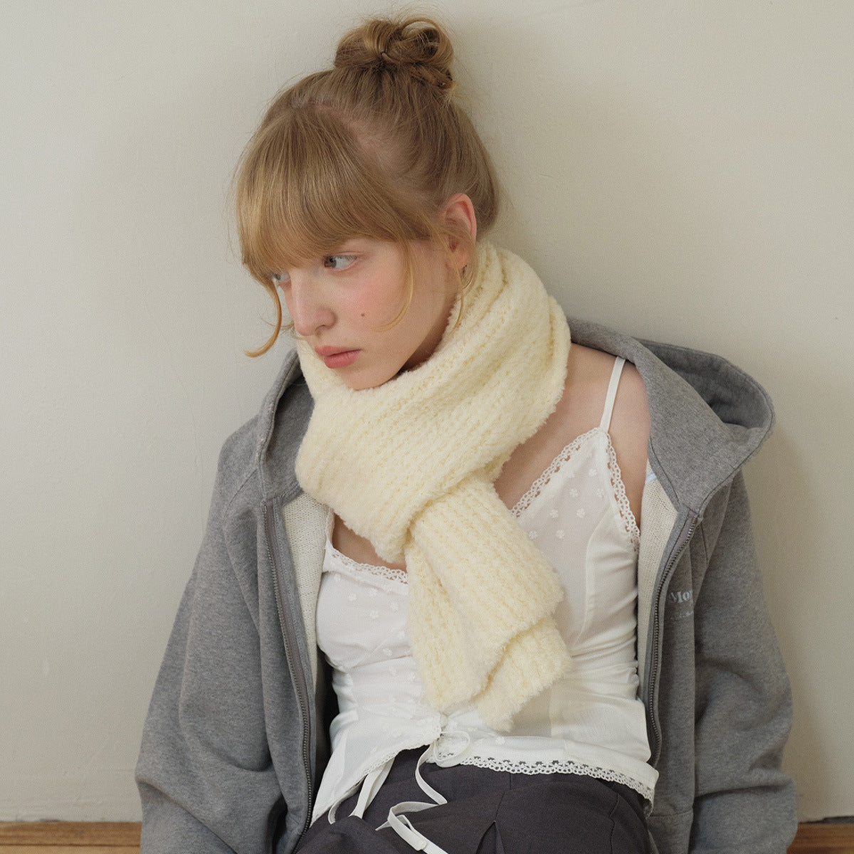 25% wool blended Korean curly hair knitted scarf women's autumn and winter soft atmosphere wool scarf ins