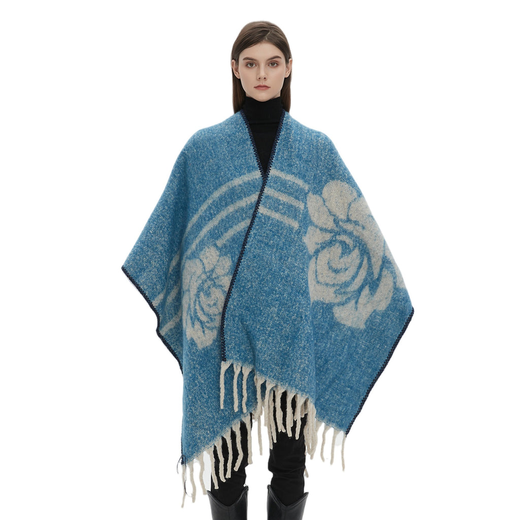 Shawl 2025 new European and American autumn and winter circle yarn imitation mohair thickened jacquard flower cape