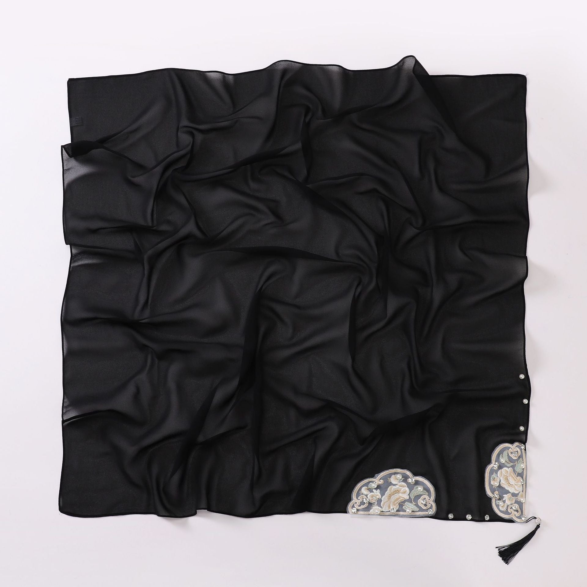 New pearl chiffon national style embroidered square scarf high-grade diamond fringed yarn