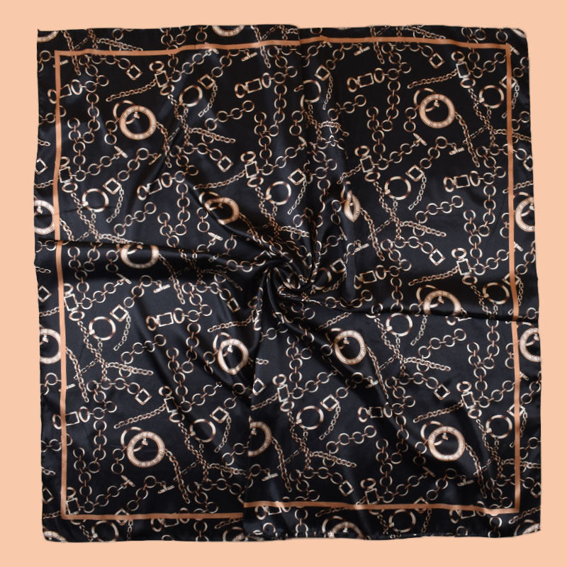 New 90-satin retro round chain printed square scarf with sunscreen bag head silk scarf decorative scarf