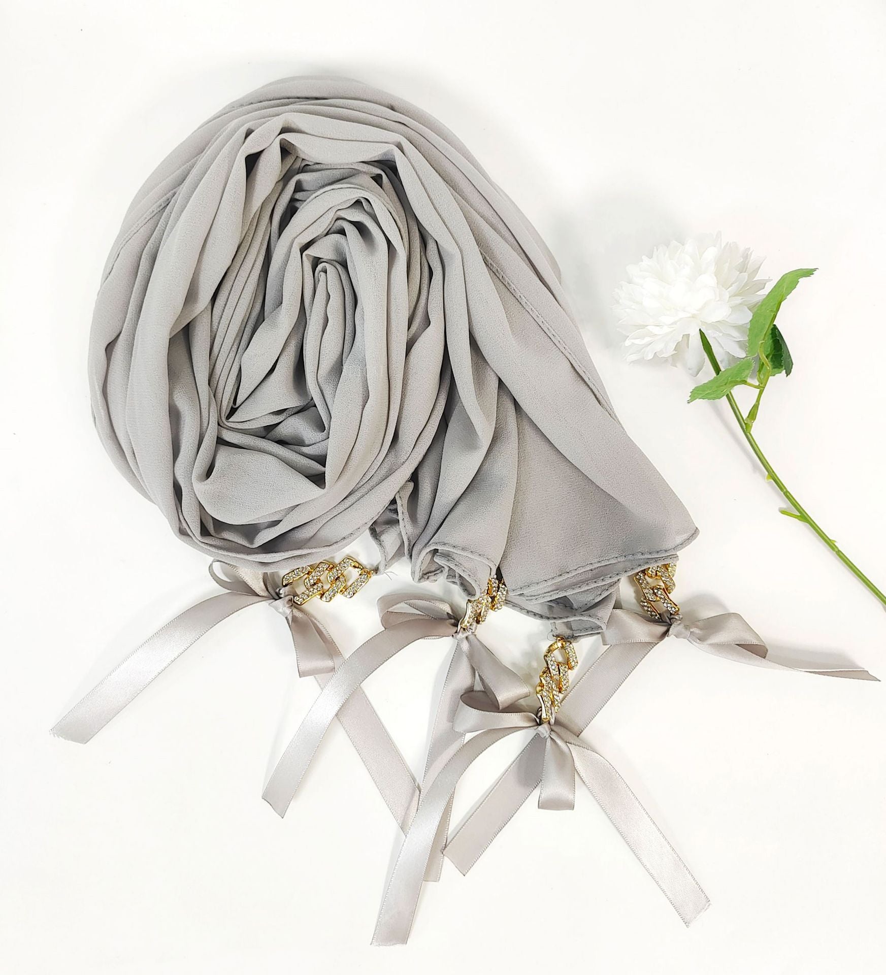 New ins fashion monochrome pearl chiffon diamond jewelry bow tassel  bag headscarf hijab