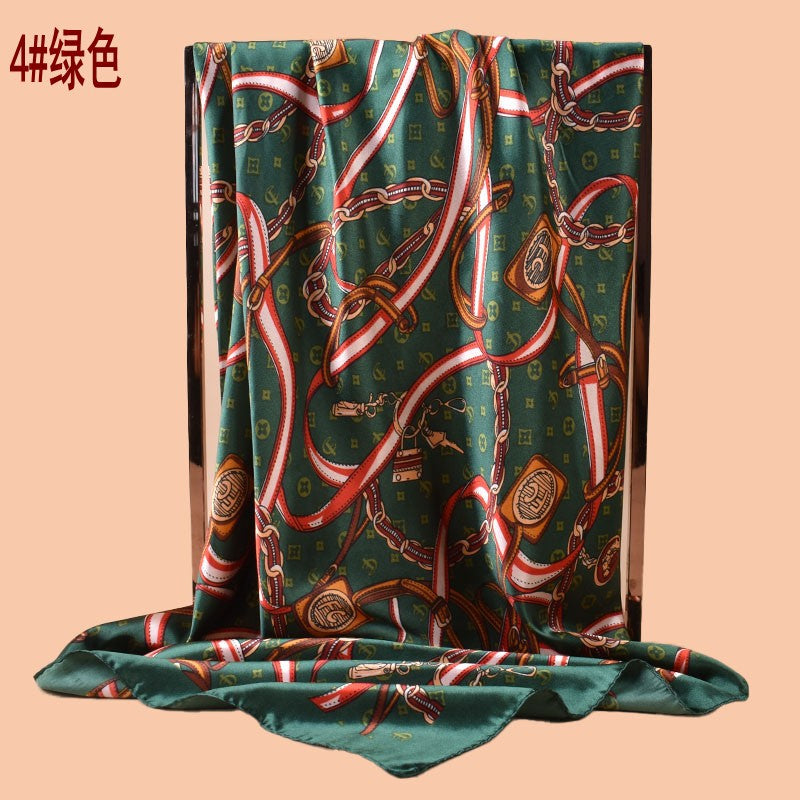 2025 new 90cm satin chain belt printed square scarf with sunscreen bag head silk scarf decorative scarf
