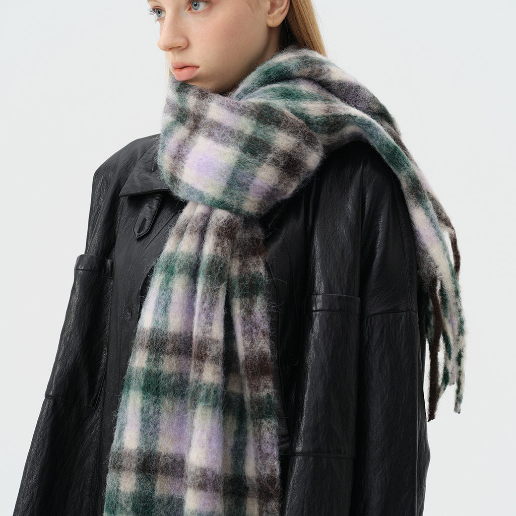 Niche wool blended rainbow plaid scarf women's autumn and winter plus fringed shawl Korean wool scarf