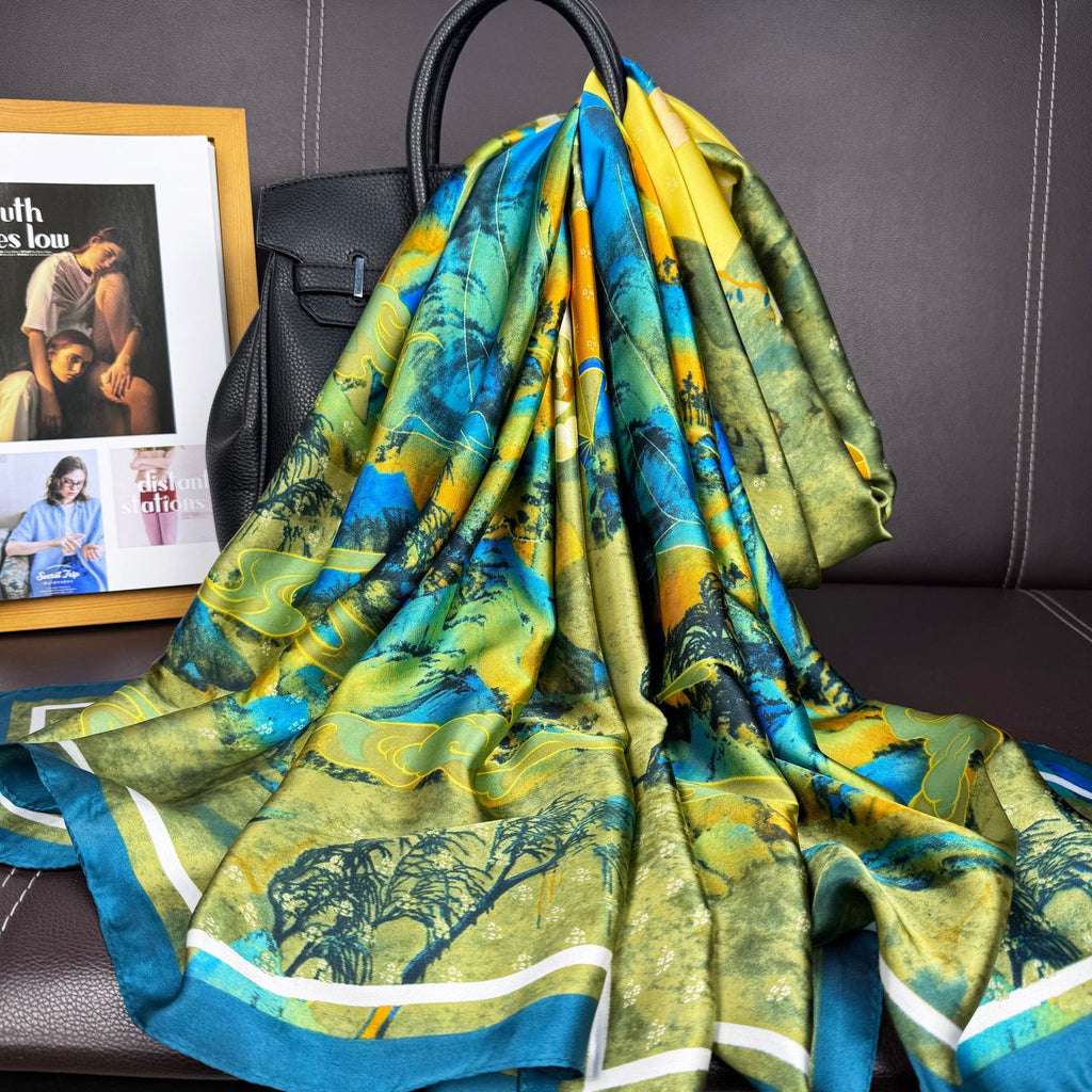 Stylish retro Chinese painting figure flower brocade printed silk scarf, ethnic lady decoration with holiday shawl