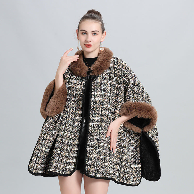 European and Korean autumn and winter new velvet large size loose imitation fur collar knitted cardigan cape shawl woolen coat 0964 #