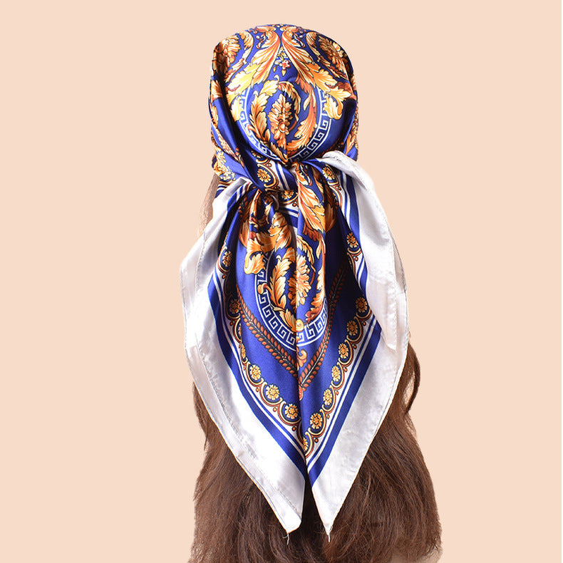 Spring new fashionable versatile large shawl imitation silk retro totem printed silk scarf head scarf 90 satin square scarf