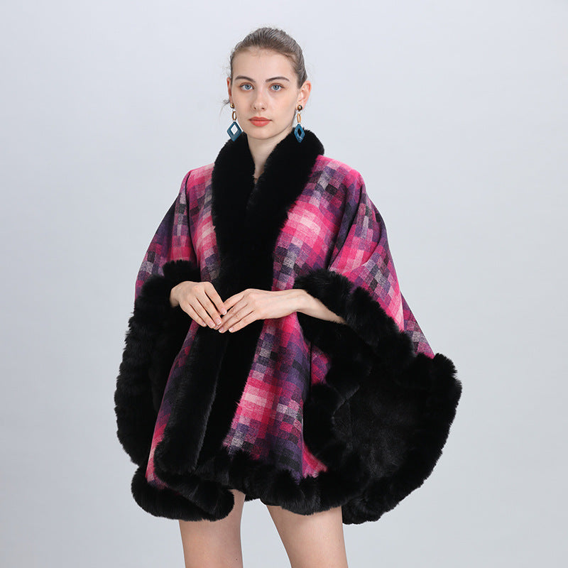 European and Korean autumn and winter fashion new scarf shawl plaid plush thickened fur collar shawl cape 0987