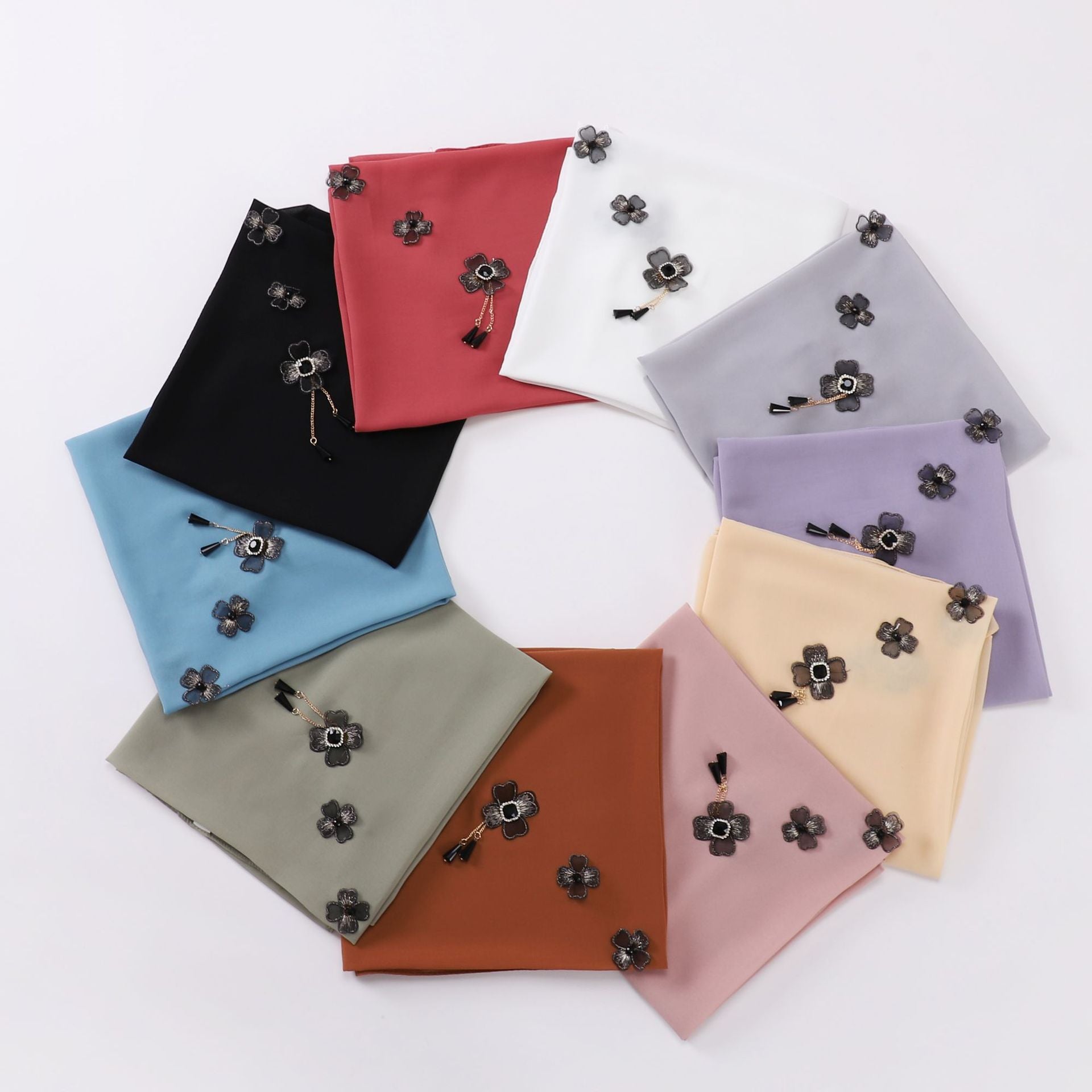 Flower chain rhinestone pearl chiffon square scarf 90 * 90cm headscarf Malaysia Hijab