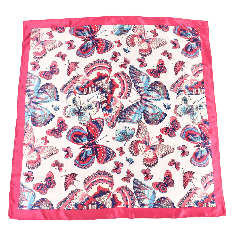 New butterfly Feifei high-quality satin large square scarf silk scarf, fashionable European and American imitation silk printing circumference