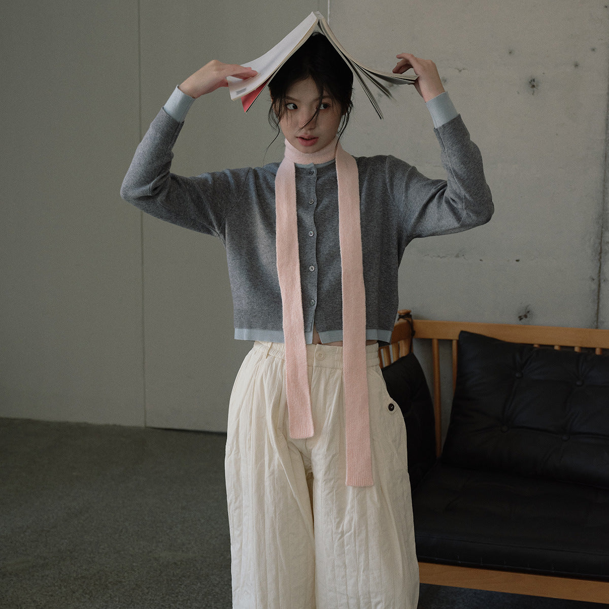 Matching Korean version knitted thin strip wool blended solid color scarf women's spring and autumn concave shape personalized thin scarf