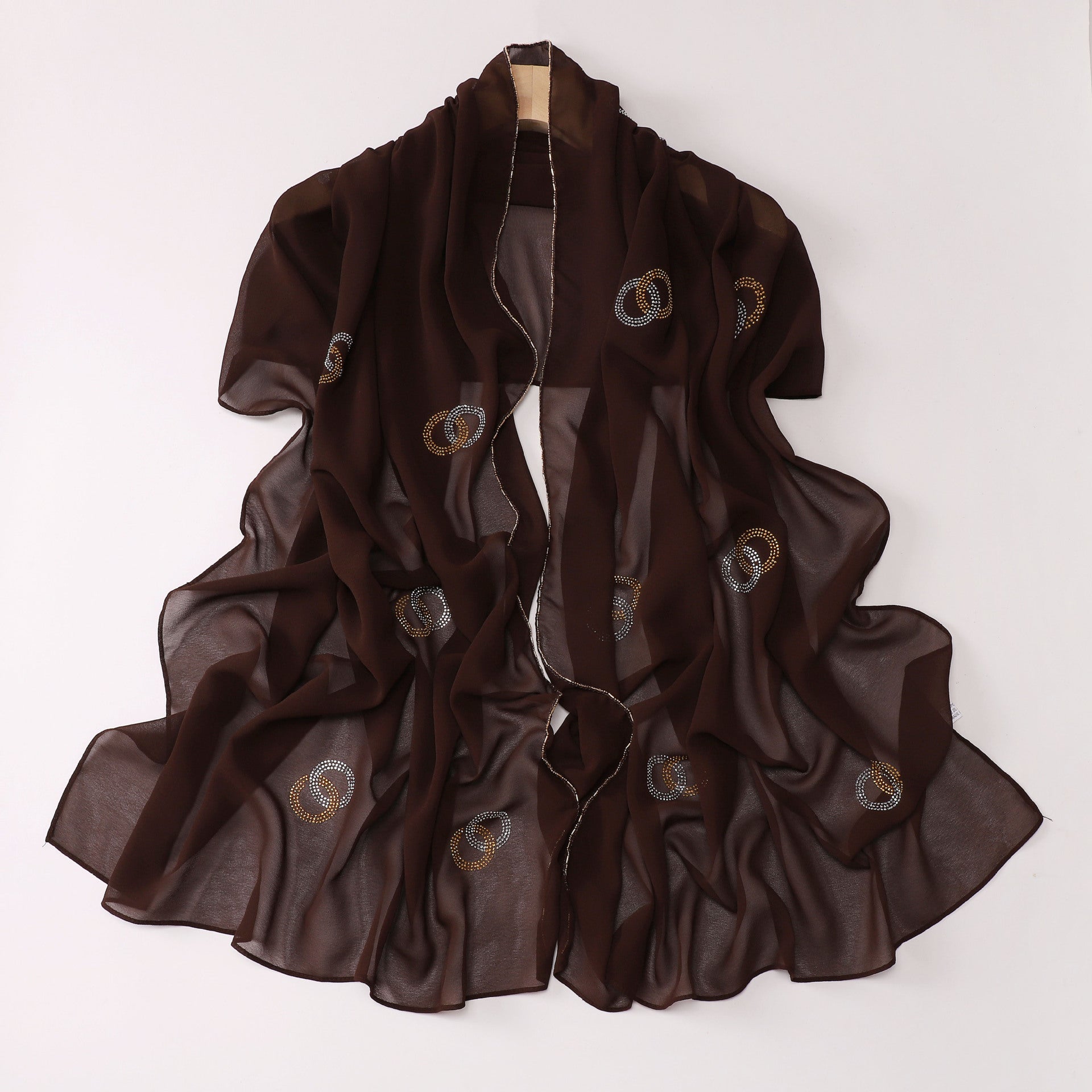 New Pearl Chiffon Long Edge Metal Chain Double Ring Hot Diamond Long Towel Yarn Middle East Head Towel