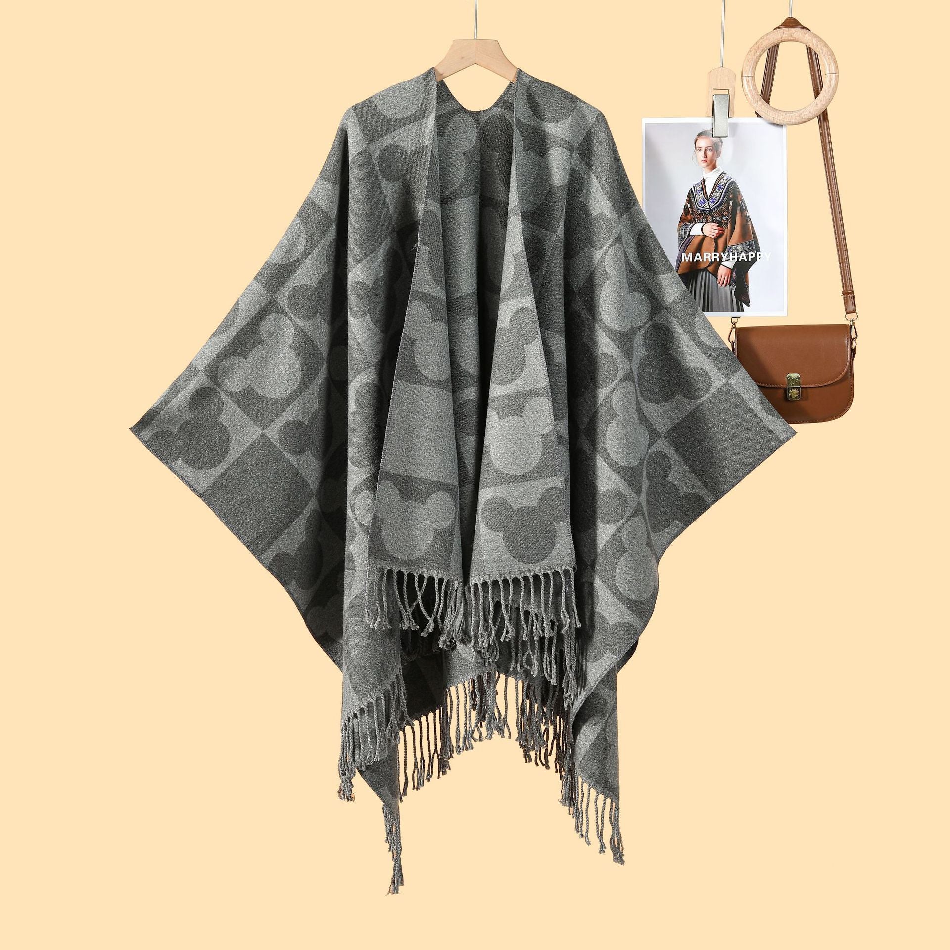 New tassel cartoon picture split shawl women's European and American fashion big-name catwalk cape hot-selling