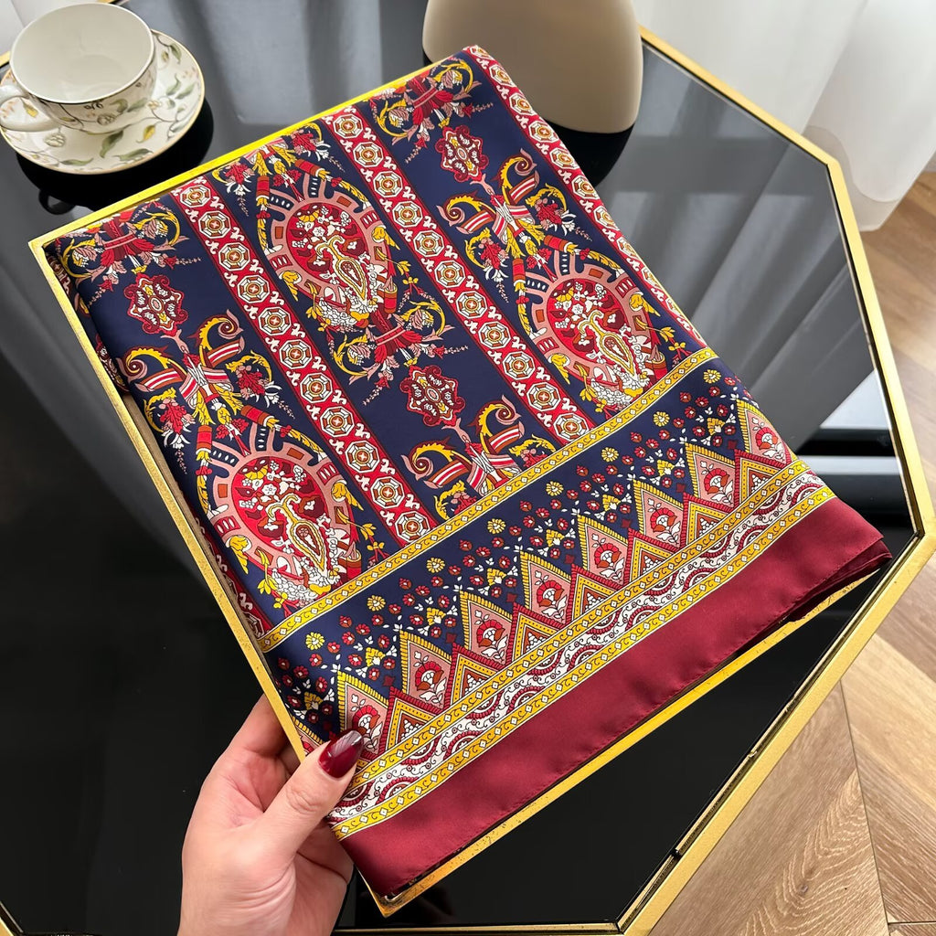 Korean version of fashion versatile Guochao ethnic style totem printing long silk scarf, simple and elegant temperament women's air-conditioned room shawl
