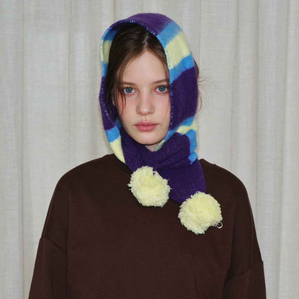 Designer wool-blend brushed striped knitted scarf female winter girl hanging hairball contrasting color Korean scarf