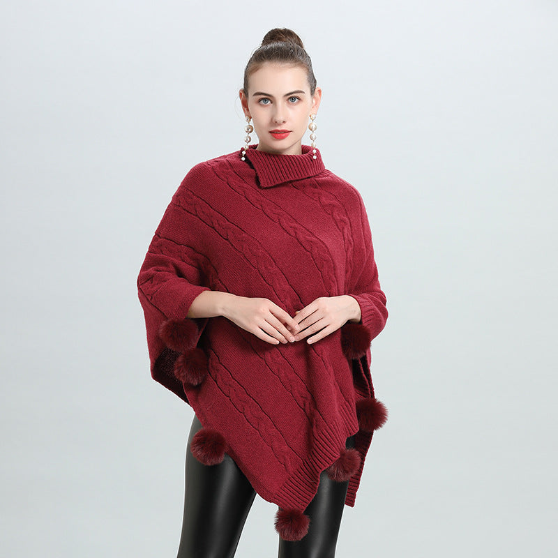 Hot European and Korean autumn and winter new loose jacquard hairball pullover knitted sweater cape shawl 0937 #