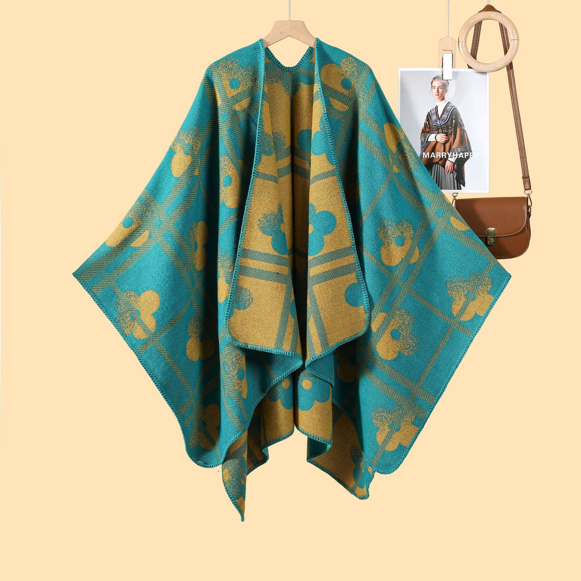 Autumn and winter new plaid plum blossom thickened warm shawl cape women's European and American street fashion catwalk outside cardigan