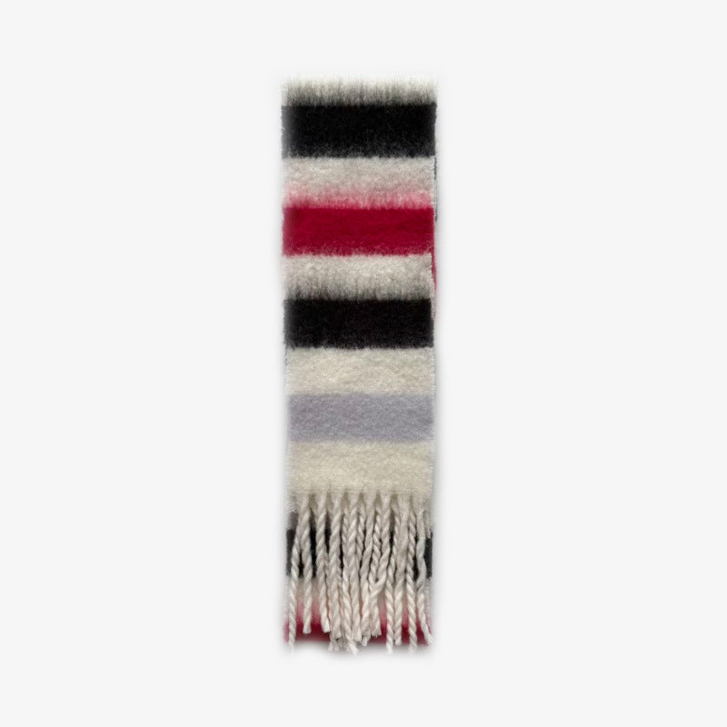 Designer 70% wool striped fringed scarf women's autumn and winter color matching fine and narrow decorative wool wool scarf