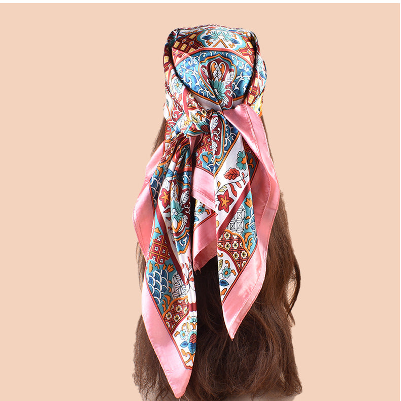 Spring new fashion big shawl simulation silk plant flower printing silk scarf head scarf 90 color square scarf