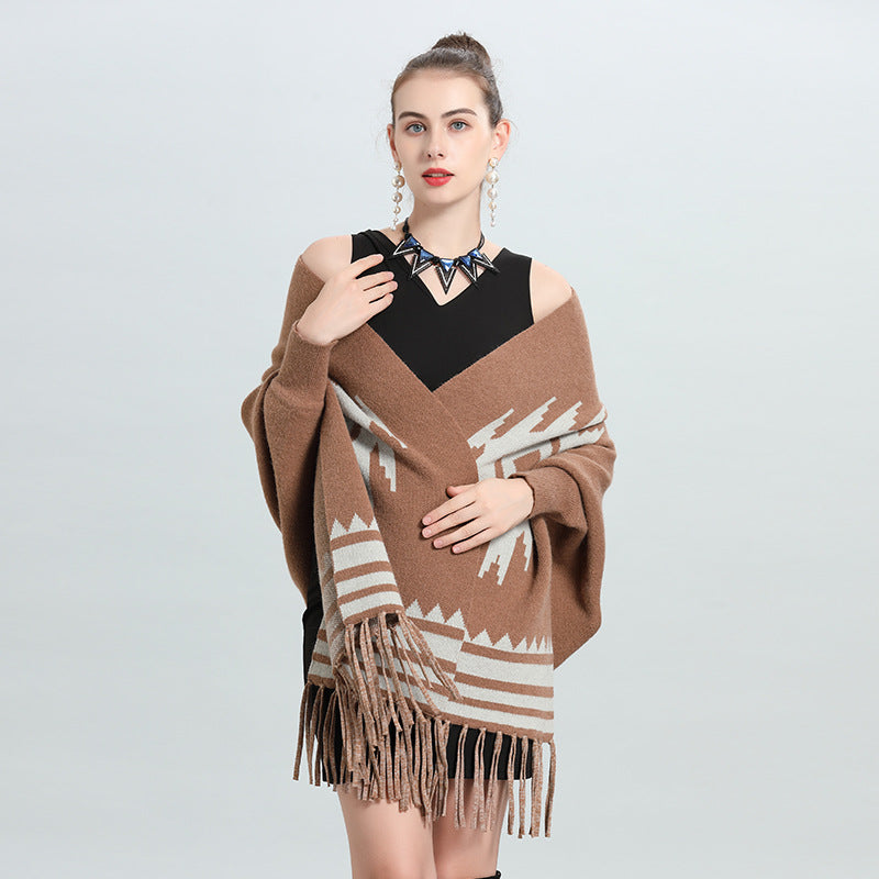 European and American autumn and winter new striped fringed bat-sleeved knitted sweater cardigan shawl scarf dual-purpose 0910 #