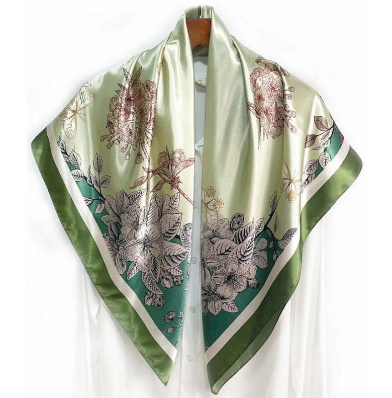 Simple and elegant plant flower flower, satin 90 square scarf, high-end women's headscarf with hand gift silk scarf