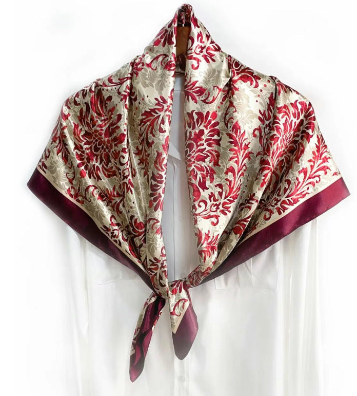 Simple and elegant plant flower flower, satin 90 square scarf, high-end women's headscarf with hand gift silk scarf