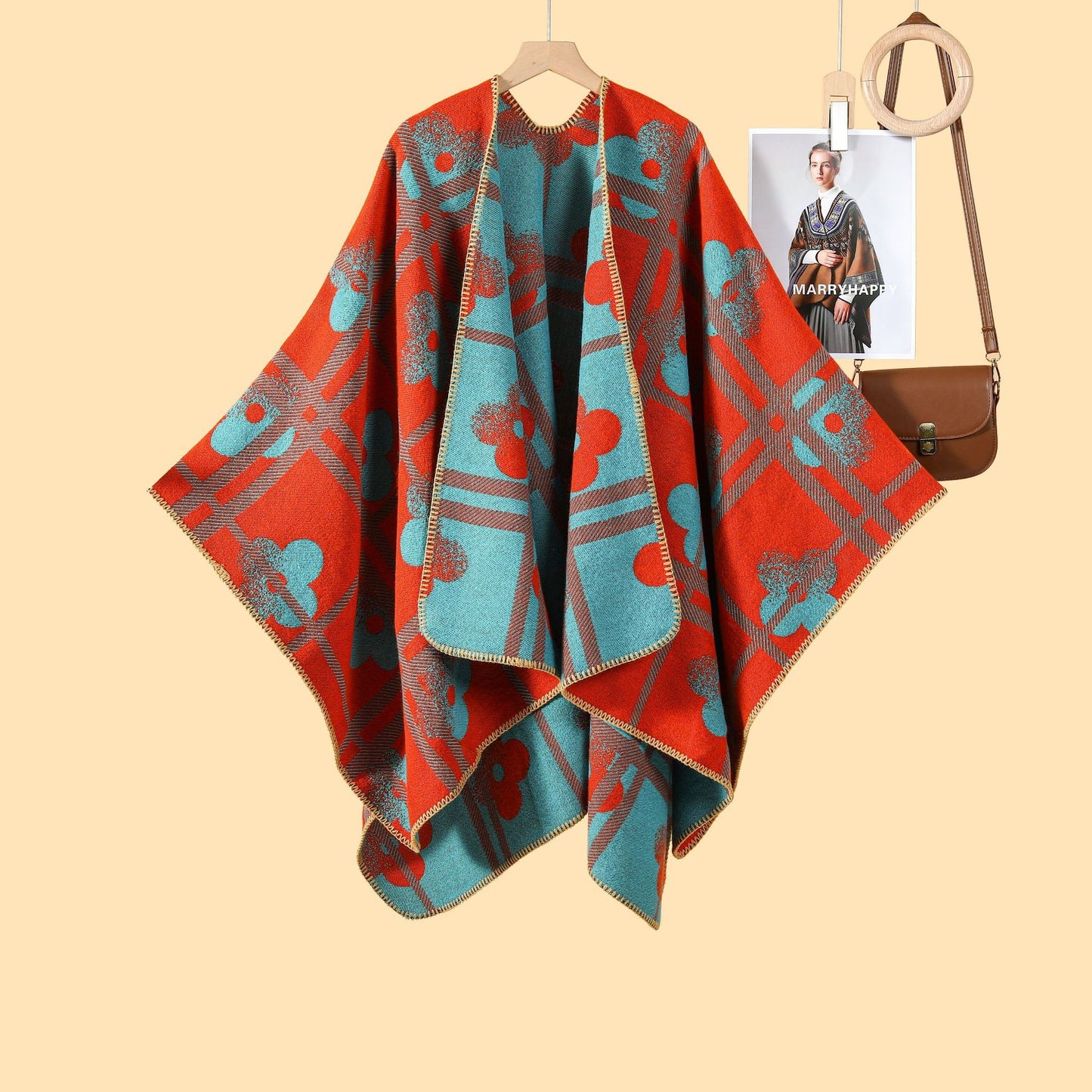 Autumn and winter new plaid plum blossom thickened warm shawl cape women's European and American street fashion catwalk outside cardigan