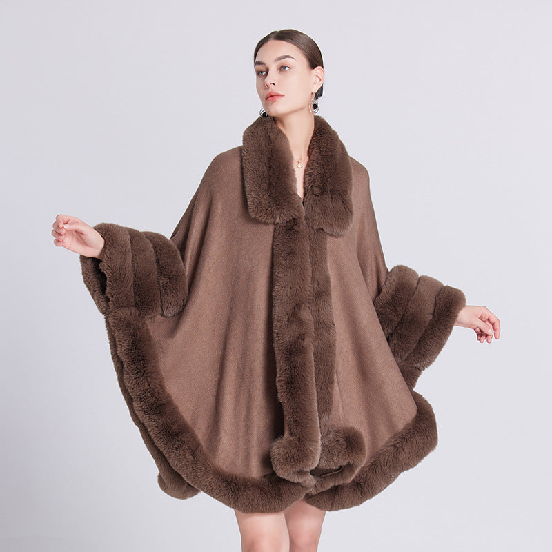 European and American autumn and winter new knitted fur collar loose cape shawl cape with medium and long imitation fur coat women