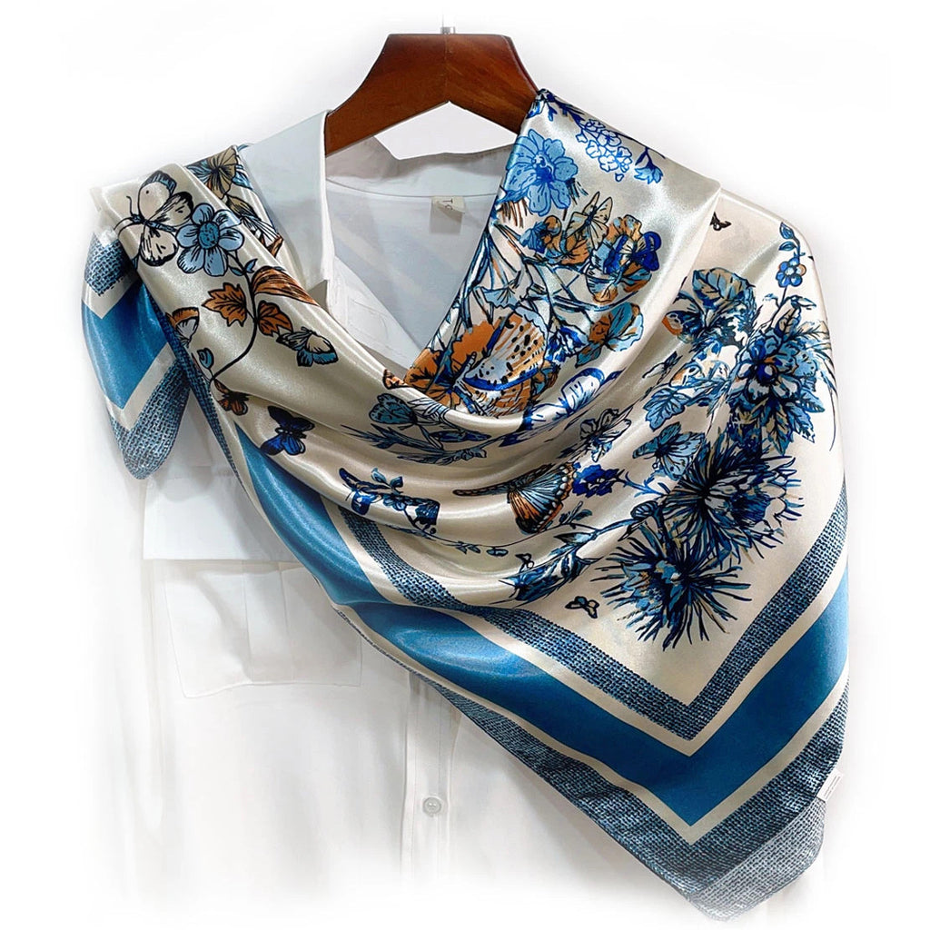 Spring and summer Korean version of butterfly flower 90 square scarves, simulated silk and satin women's head scarf, outer scarf gift