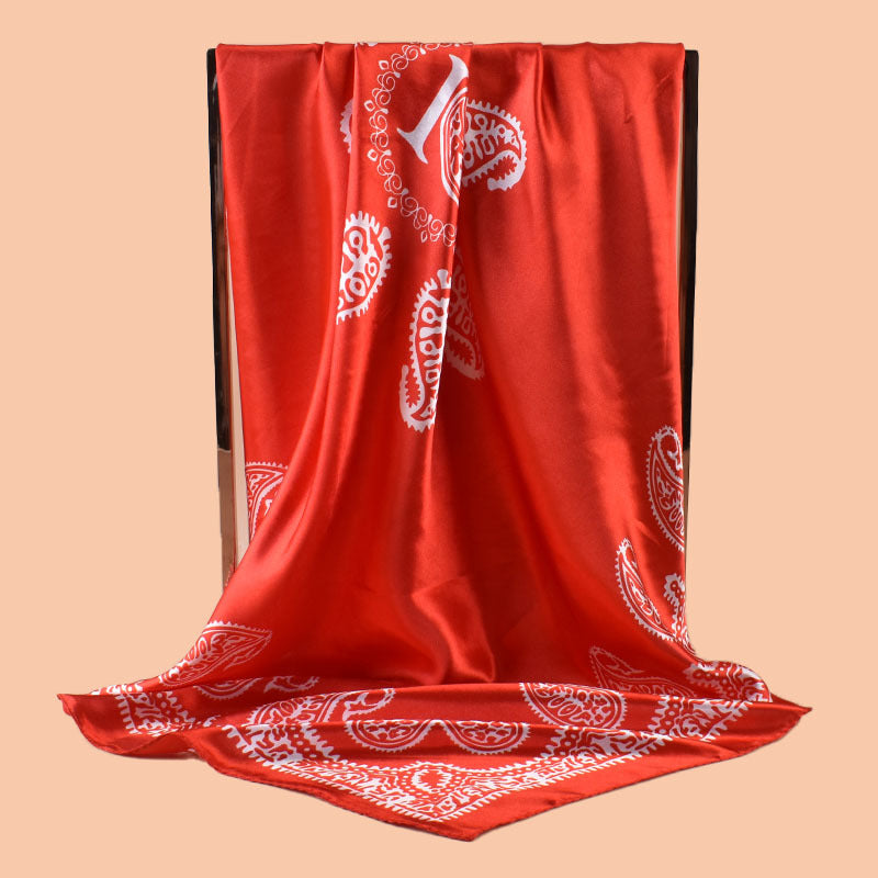 2025 new 90cm-color simple cashew flower printing square scarf with sunscreen, bag head silk scarf decoration, scarf