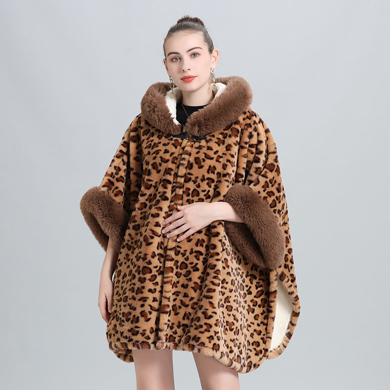 Cloak Shawl Leopard Point Fleece Thickened Fur Collar Fringed Knitted Shawl Large Size Wool Jacket 0960