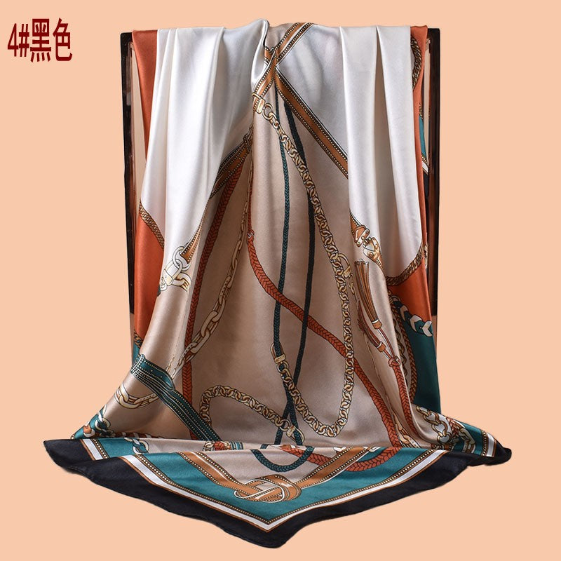 2025 new 90cm-color diced belt chain fringed printed square scarf with sunscreen, bag head silk scarf decoration, scarf