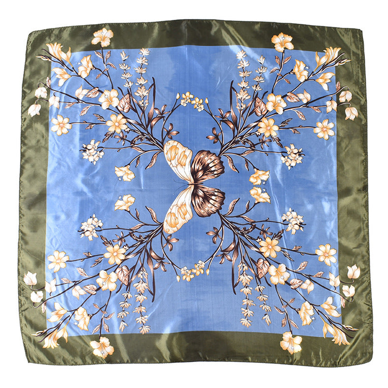 Spring and summer new fashion retro flower butterfly print satin square scarf silk scarf simulation silk circumference