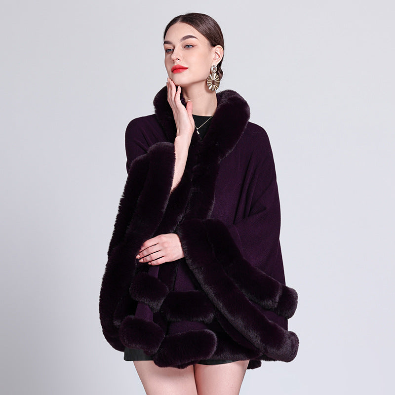 Autumn and Winter New Large Size Imitation Fox Fur Collar Fur Hooded Knitted Cardigan Shawl Cape Jacket