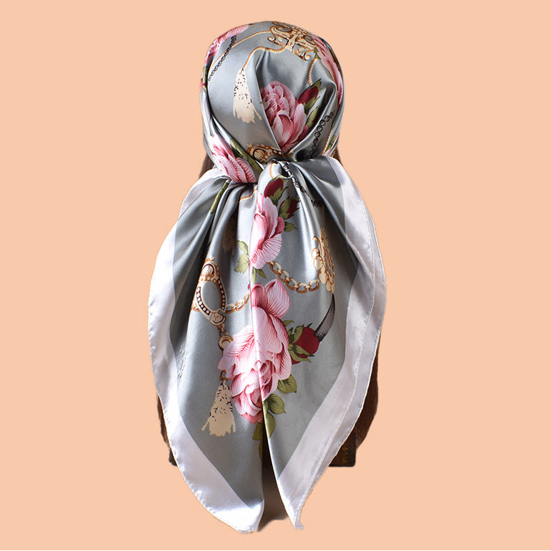 2025 new 90-color beautiful chain flower printing square scarf with sunscreen, bag head silk scarf decoration, scarf