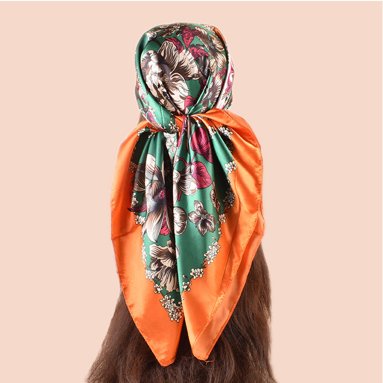 Spring new fashion large shawl simulation silk plant printing silk scarf head scarf 90-color diced large square scarf batch