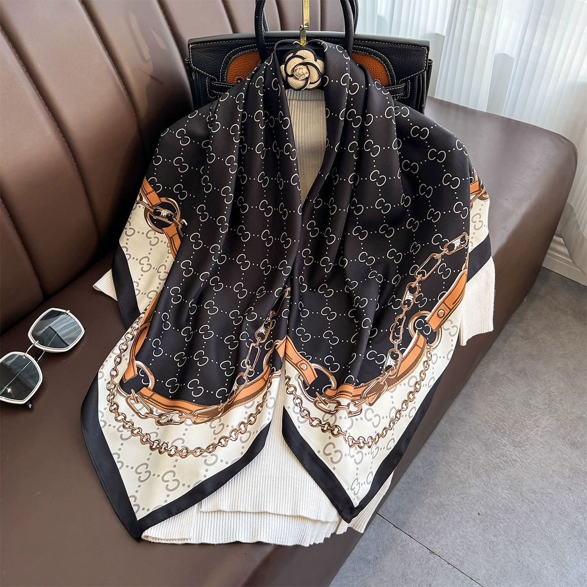 Summer Korean version of simple striped scarf twill square scarf 90cm fashionable versatile sunscreen shawl headscarf women