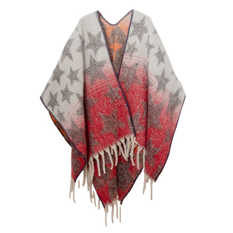 2025 new European and American autumn and winter imitation mohair double-sided thickened jacquard five-pointed star cross shawl