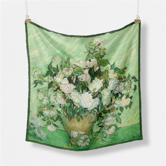 Fashion Van Gogh art oil painting 53cm small square scarf, twill silk imitation silk women's scarf, headband