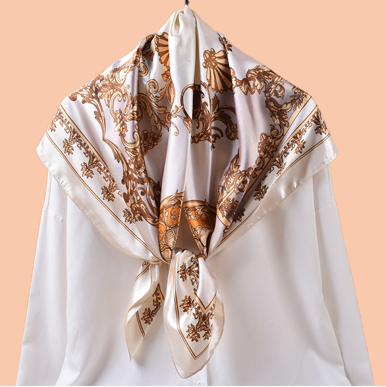 Spring and summer symmetrical vine symbol printed versatile decorative scarf headscarf silk scarf 90 high-quality satin square scarf