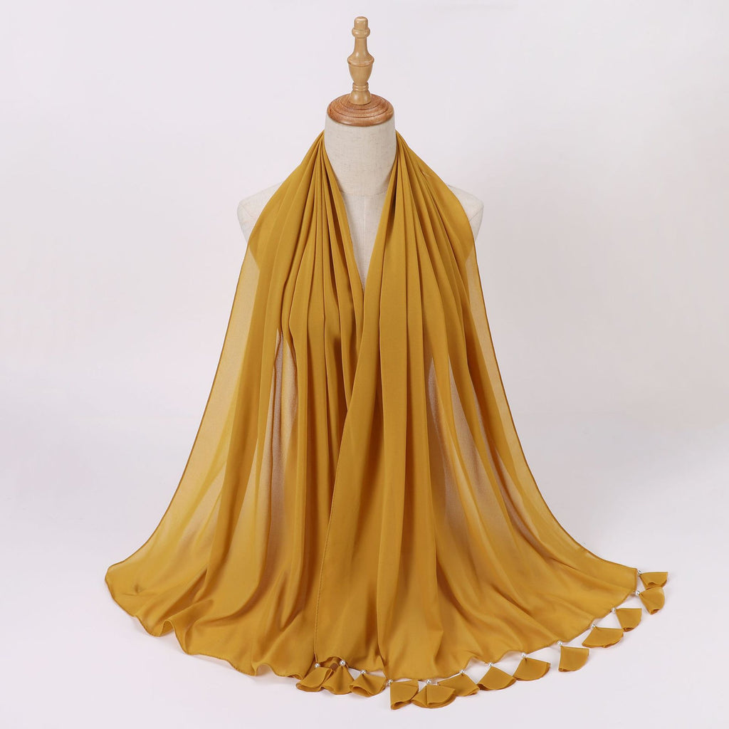 New solid color pearl chiffon flower fringed scarf  scarf Middle East headscarf hijab Malay long scarf