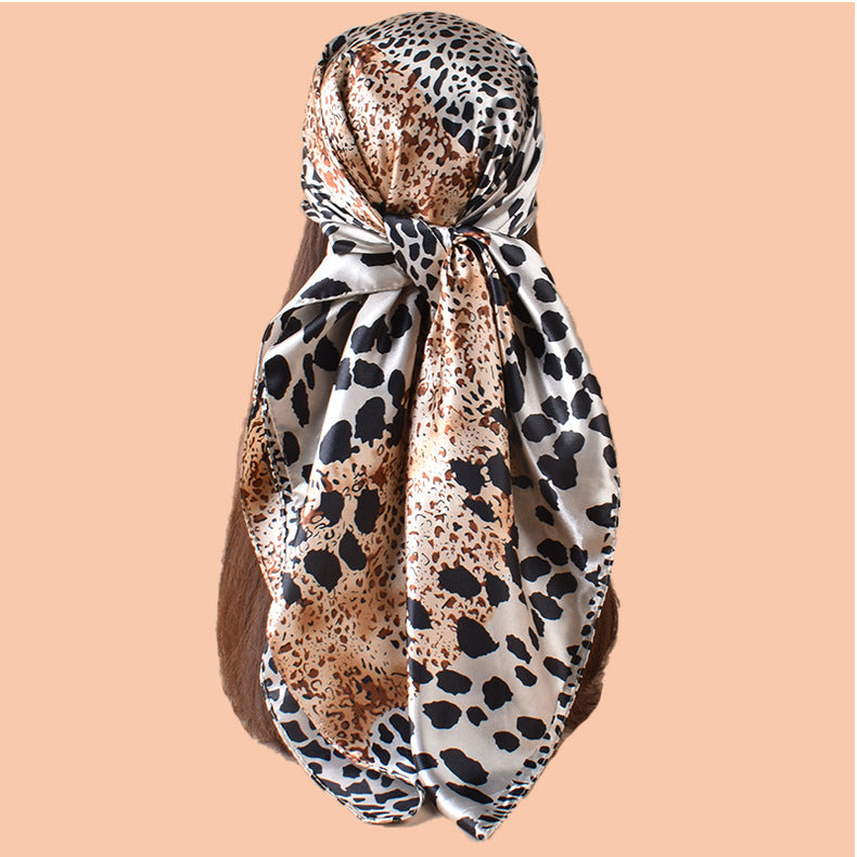 New 90cm-satin color matching size leopard print printed square scarf with sunscreen, bag head silk scarf decoration, scarf