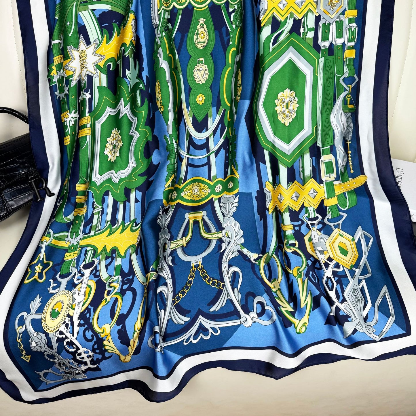 European and American fashion totem chain printed long silk scarf, elegant temperament women's vacation sunscreen thin shawl scarf