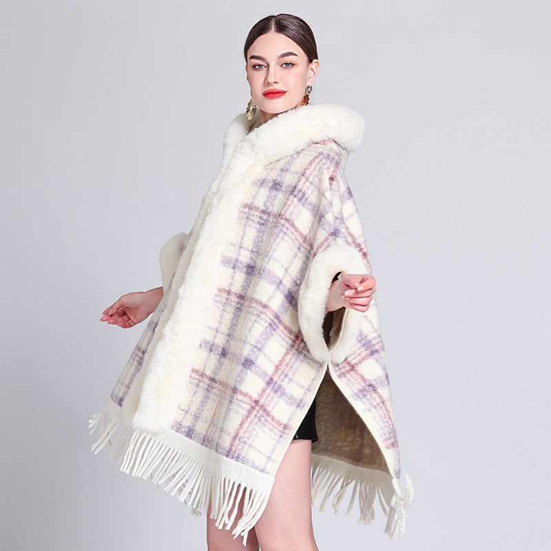 Europe, America, autumn and winter new woolen coat fur collar hooded plush thickened warm fashion fringed cape shawl outside