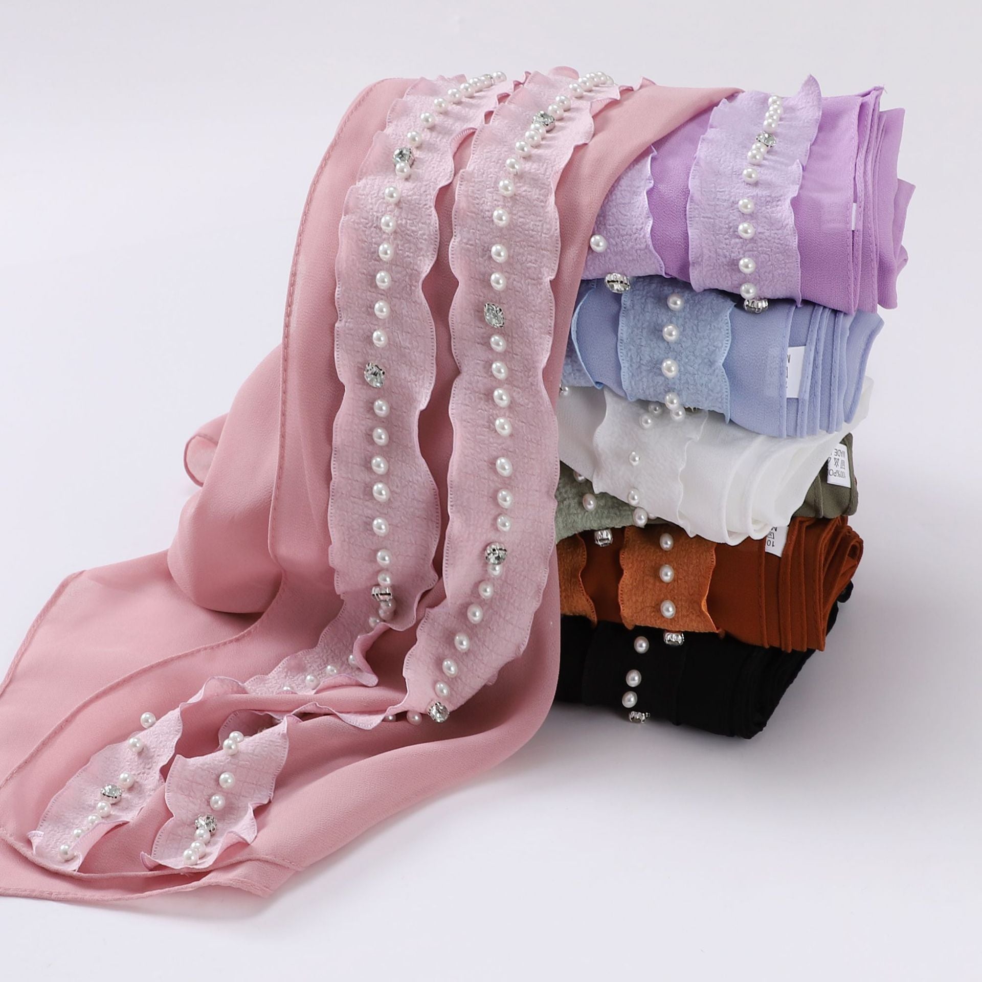 New solid color pearl chiffon lotus leaf lace bead nailed diamond scarf Middle East headscarf  scarf Malay Baotou