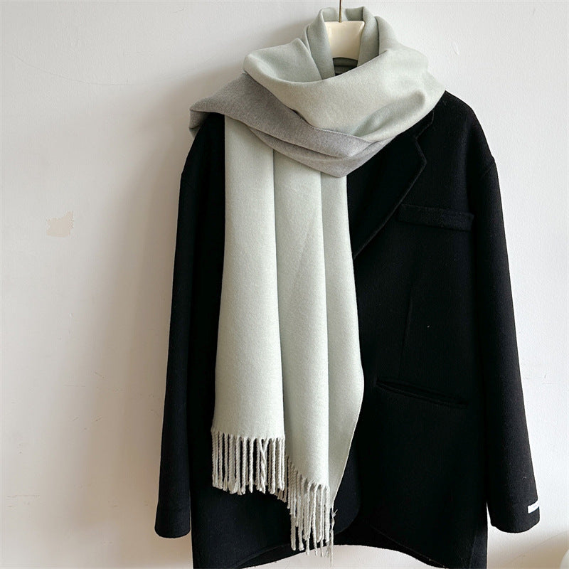 Simple solid color imitation cashmere scarf men's and women's winter thickened warm double-sided two-color versatile fringed shawl core-spun yarn