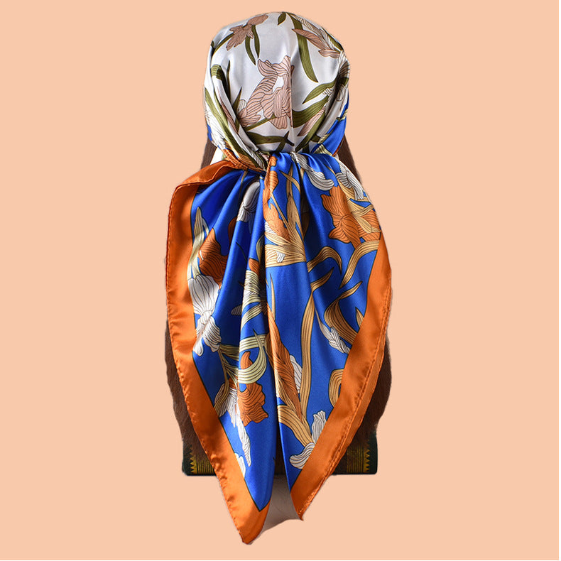 2025 new 90-satin plain and elegant orchid versatile printed square scarf with sunscreen, bag head silk scarf decoration, scarf